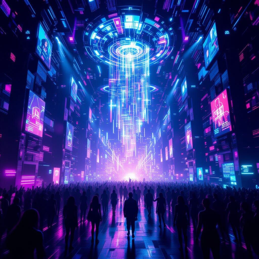Cybernetic Rave in Neon-Lit Futuristic Architecture