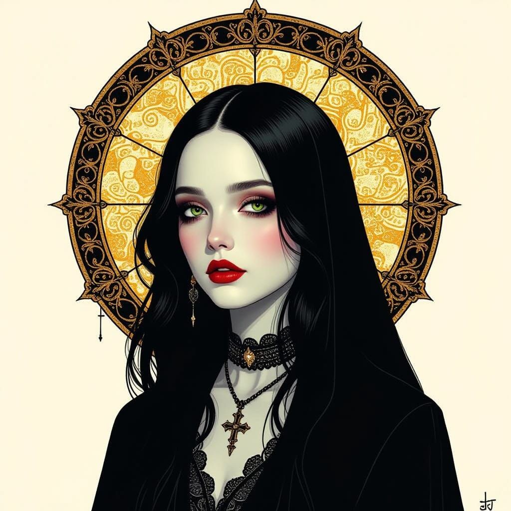 Ethereal Gothic Woman in Klimt-Tim Burton Style