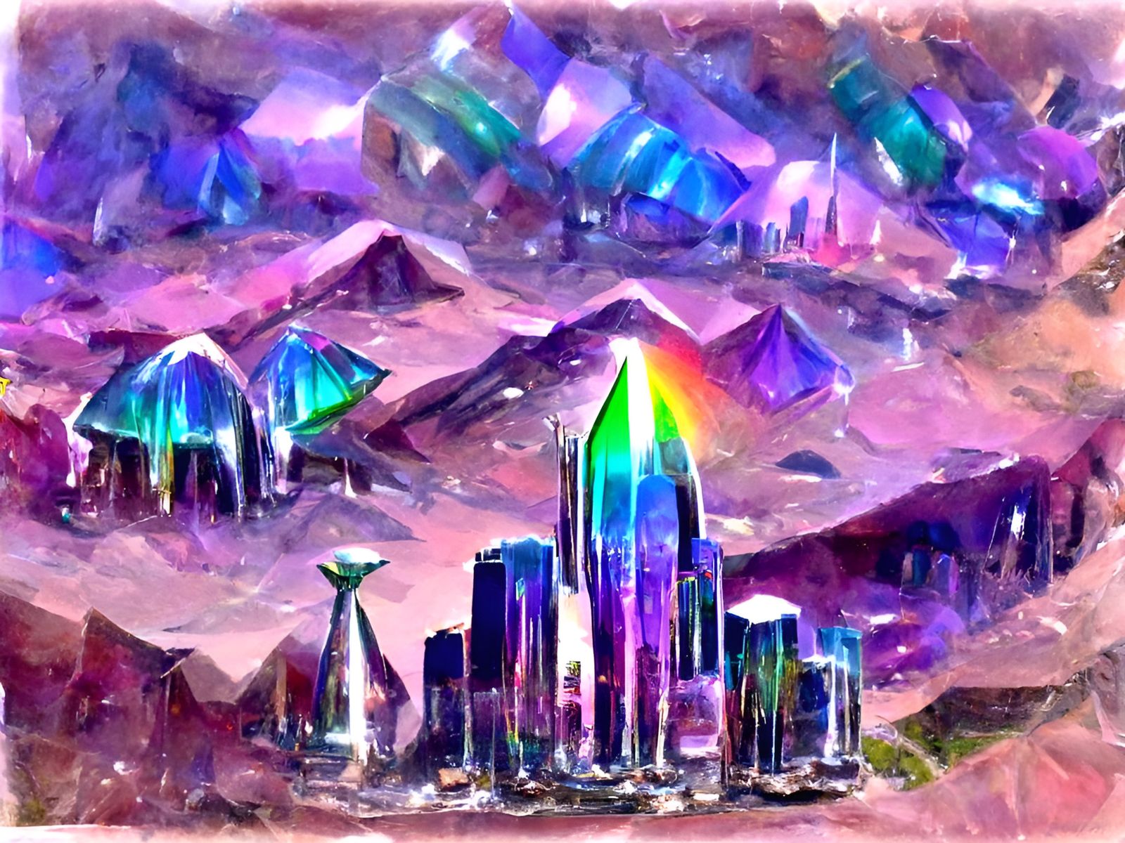 Iridescent Crystal Alien City Landscape