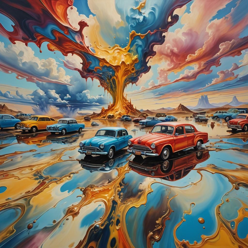 Melting Cars in Surreal Oil Painting