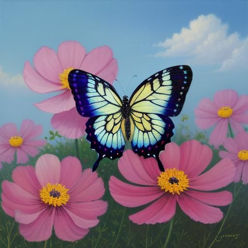 Butterfly on Cosmos Flower as Oil Painting