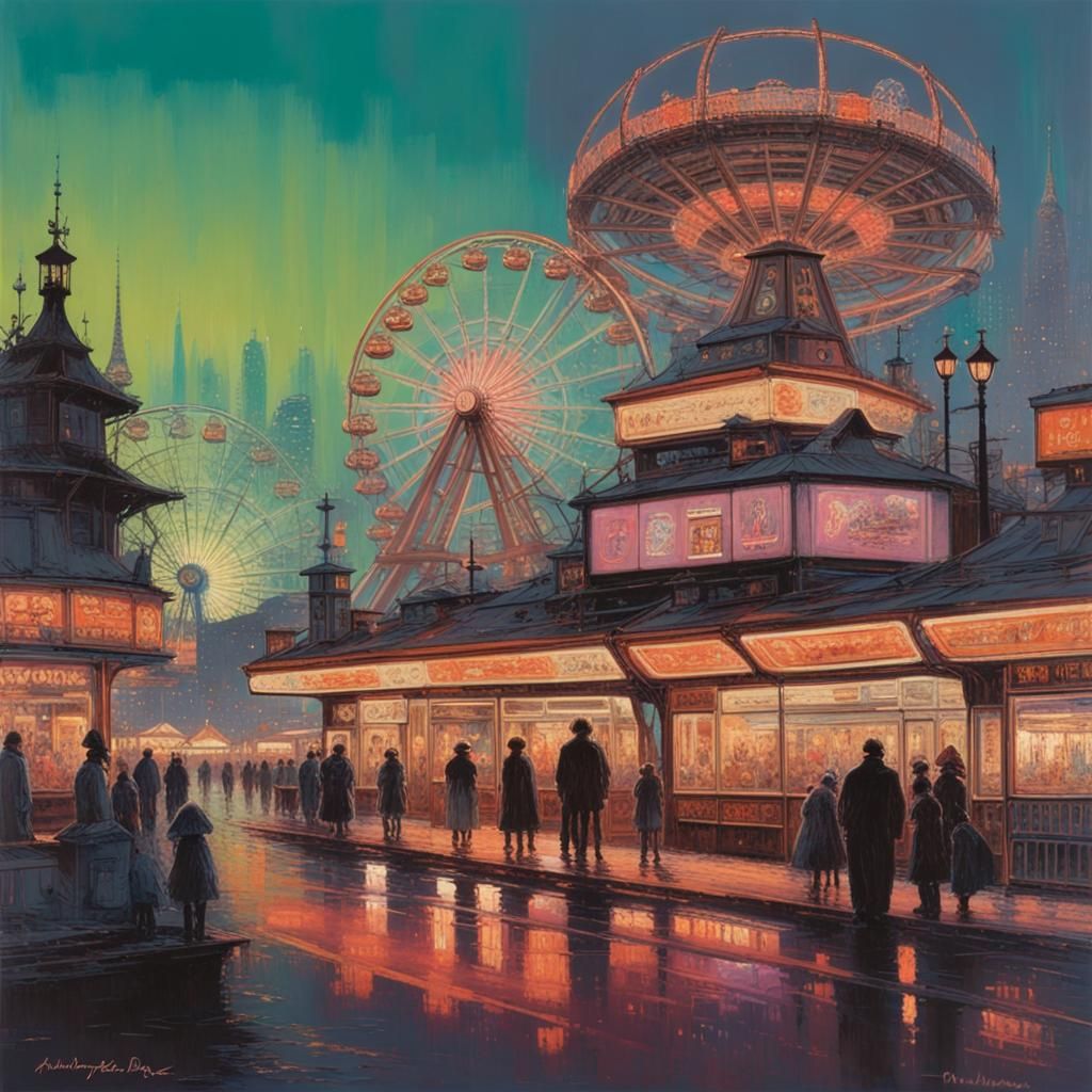 Fluorescent Ferris Wheel Cityscape in Vintage Style