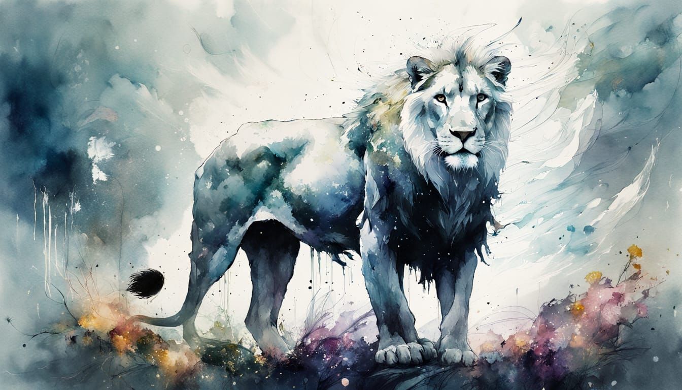 Glowing White Lion with Ethereal Wings Soars Above Clouds