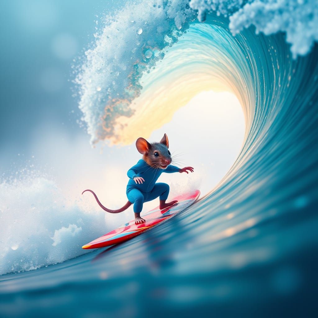 Majestic Mouse Surfer Rides Gigantic Wave in Vibrant Blue We...