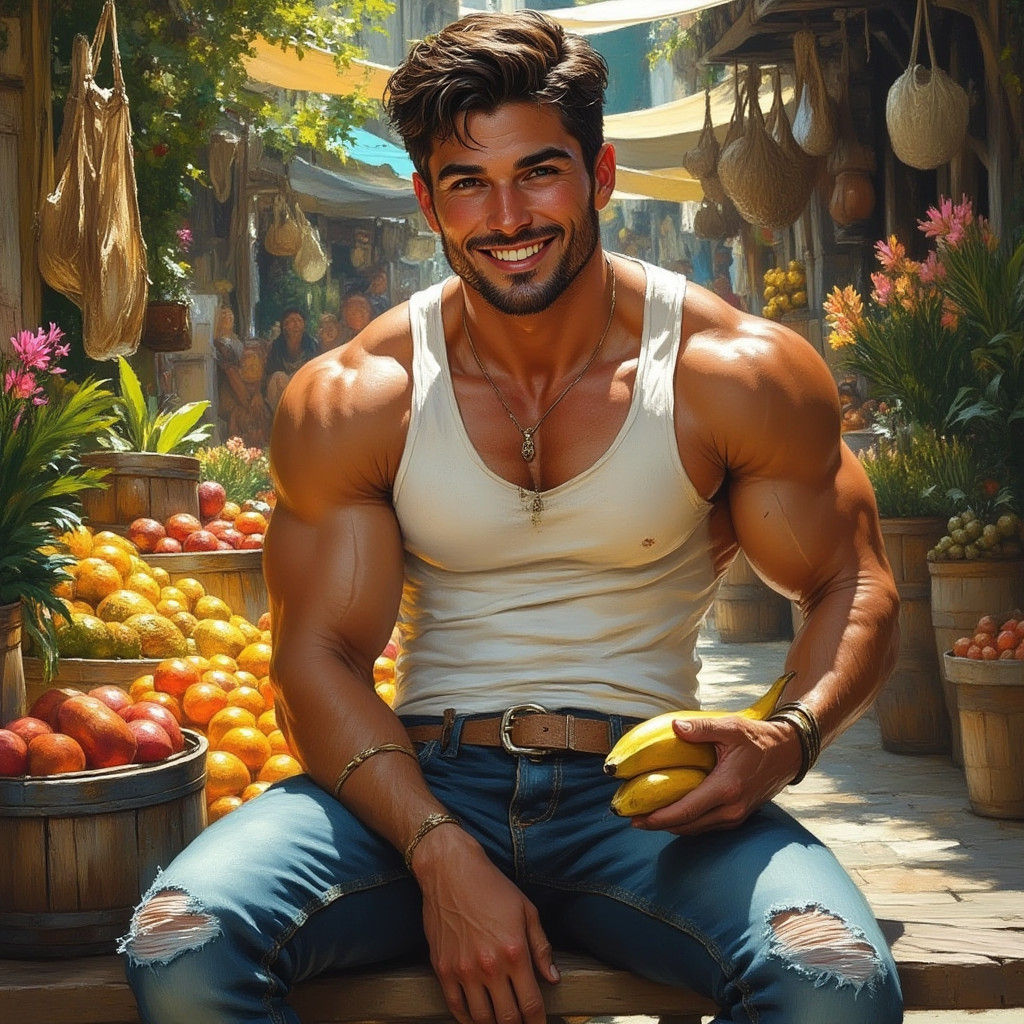 Handsome Man Peels Banana in Vibrant Market