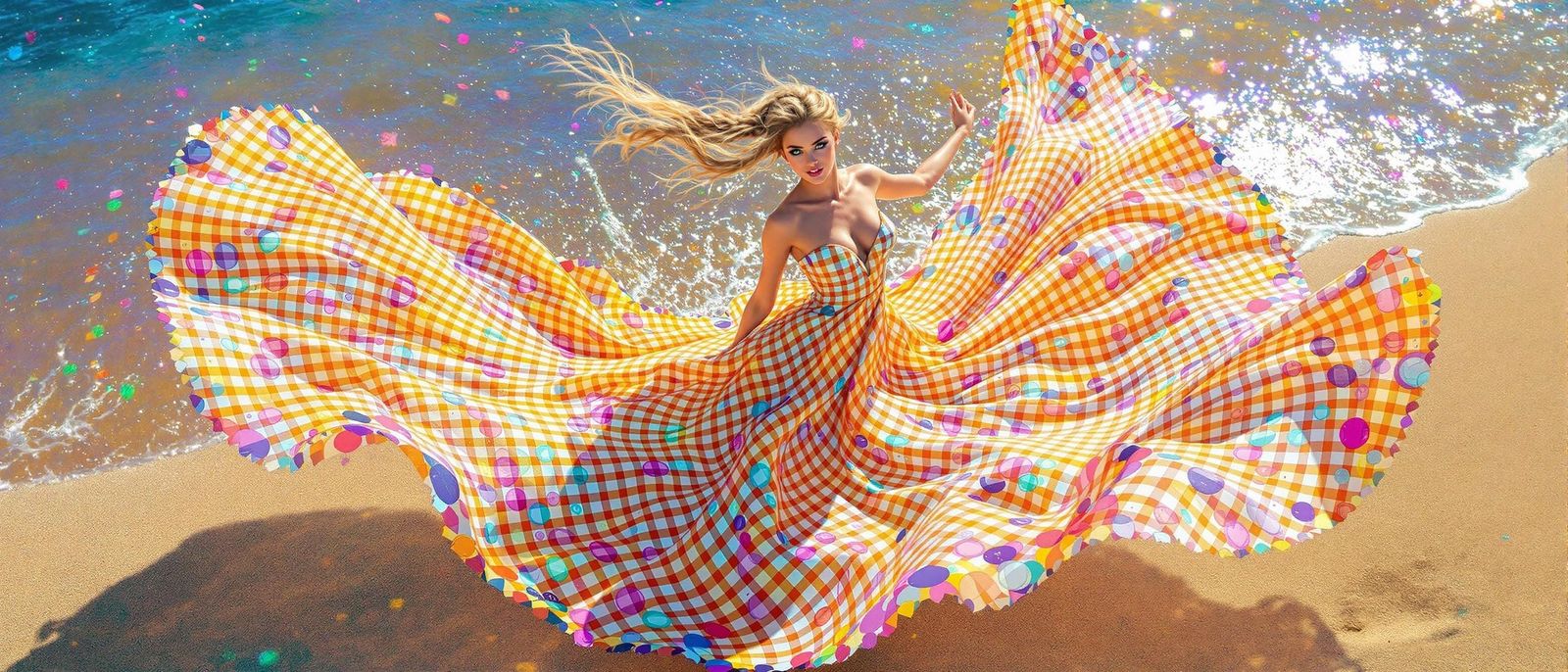 Vibrant Gingham Goddess Dancing on Beach in Sunlight