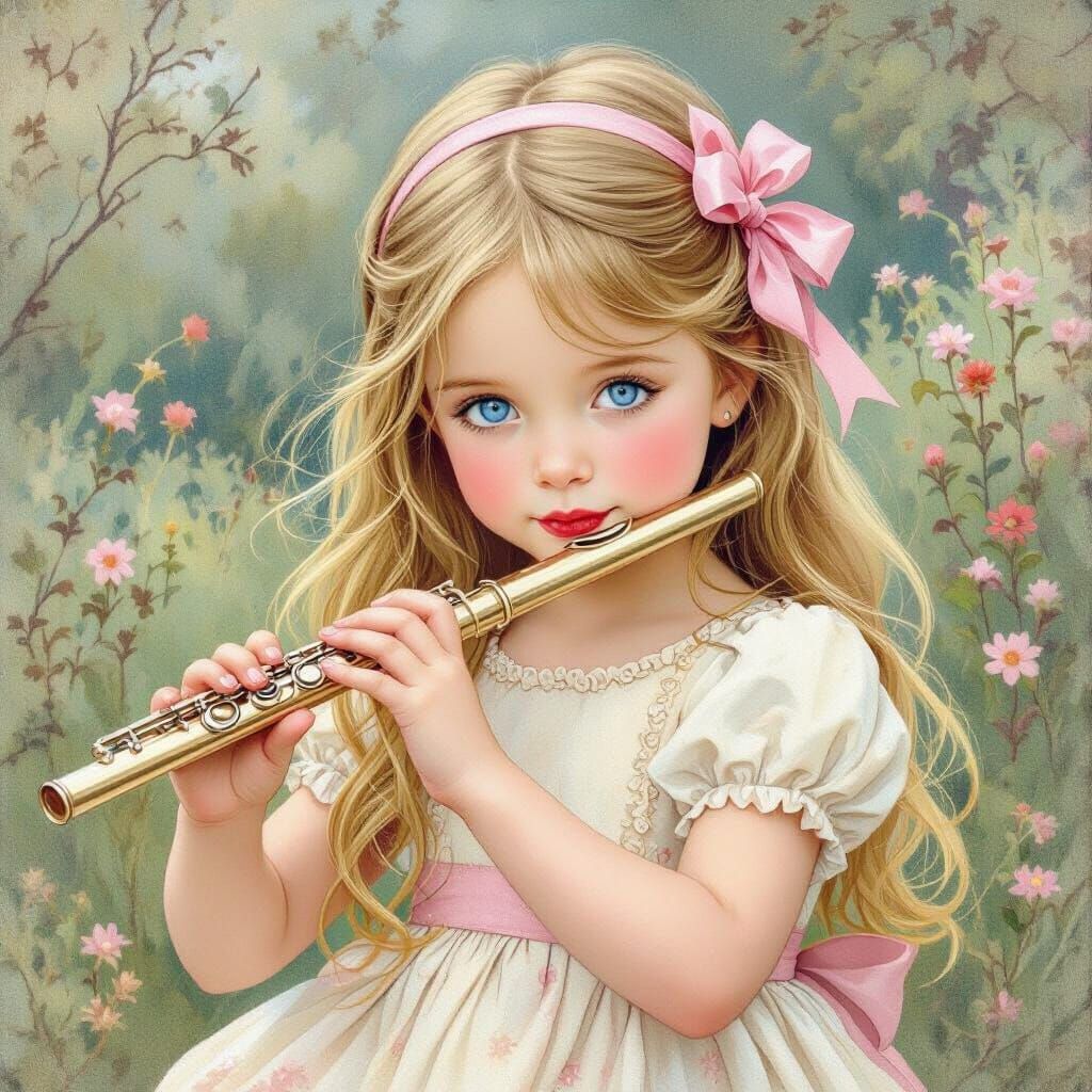 Girl with Flute in Whimsical Illustration Style