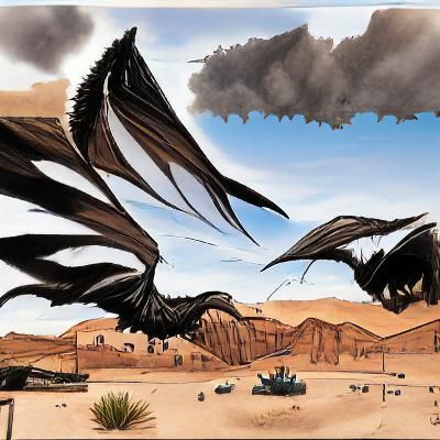 Black Dragon Flight Over Desert Landscape