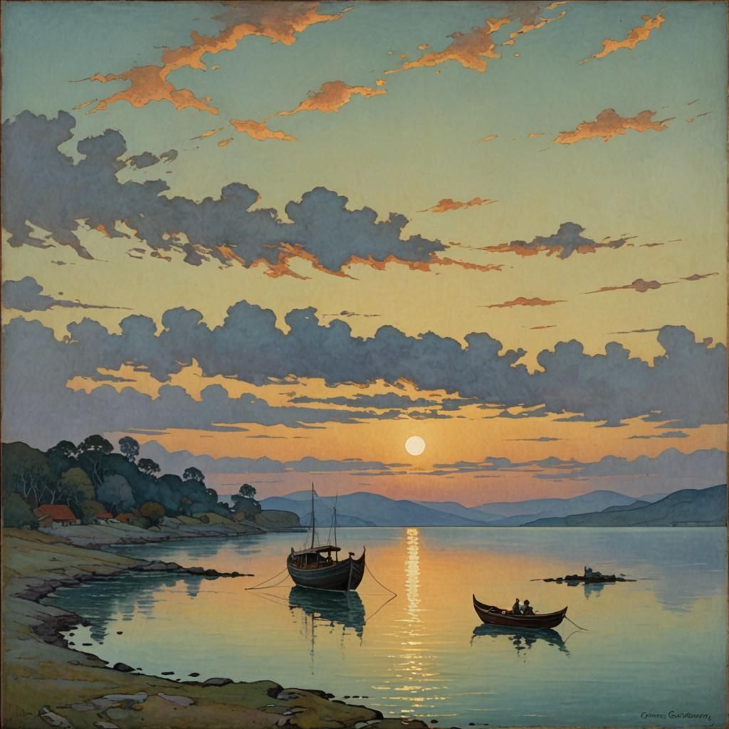 Sunset Landscape with Boat in Painting Style