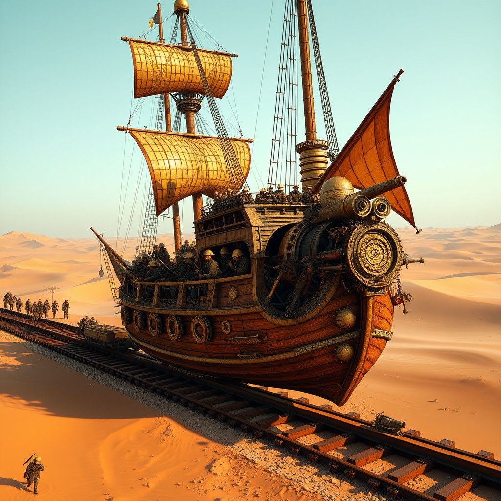 Steampunk Solar Sail Landship in Desert