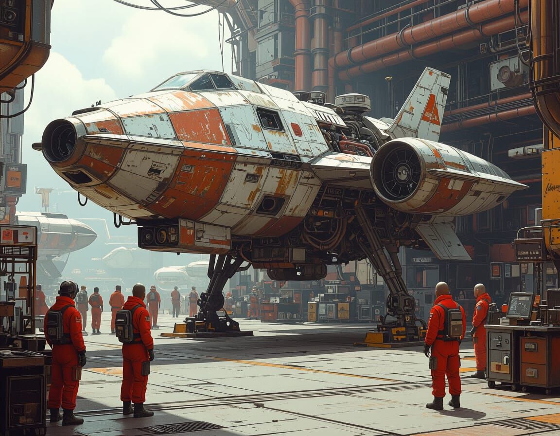 Scrap Metal Spaceship at Spaceport in Futuristic Style