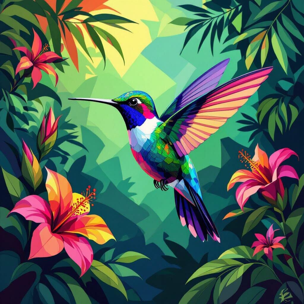 Geometric Hummingbird in Tropical Rainforest, Cubist Style