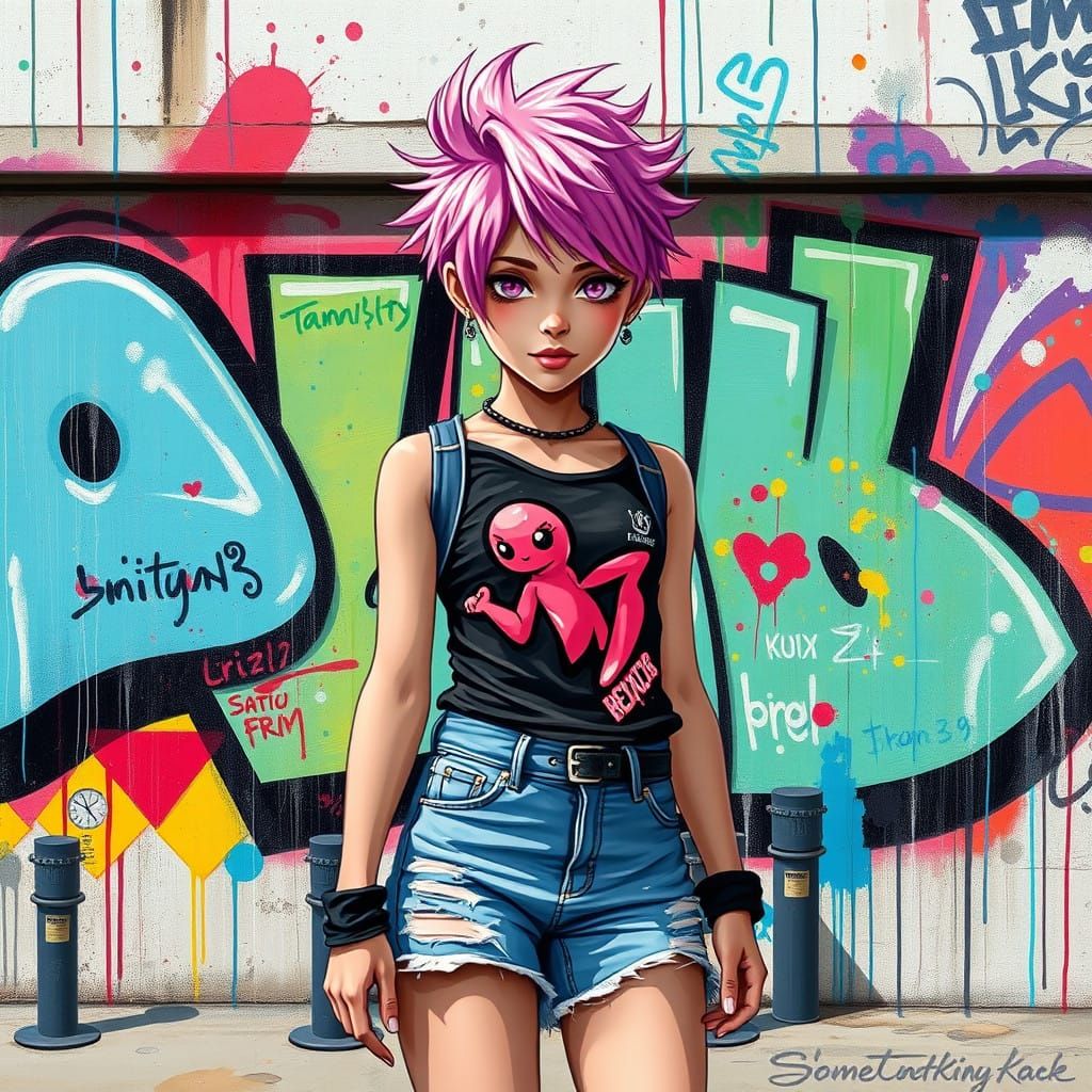 Fearless Girl in Neon Graffiti Mural