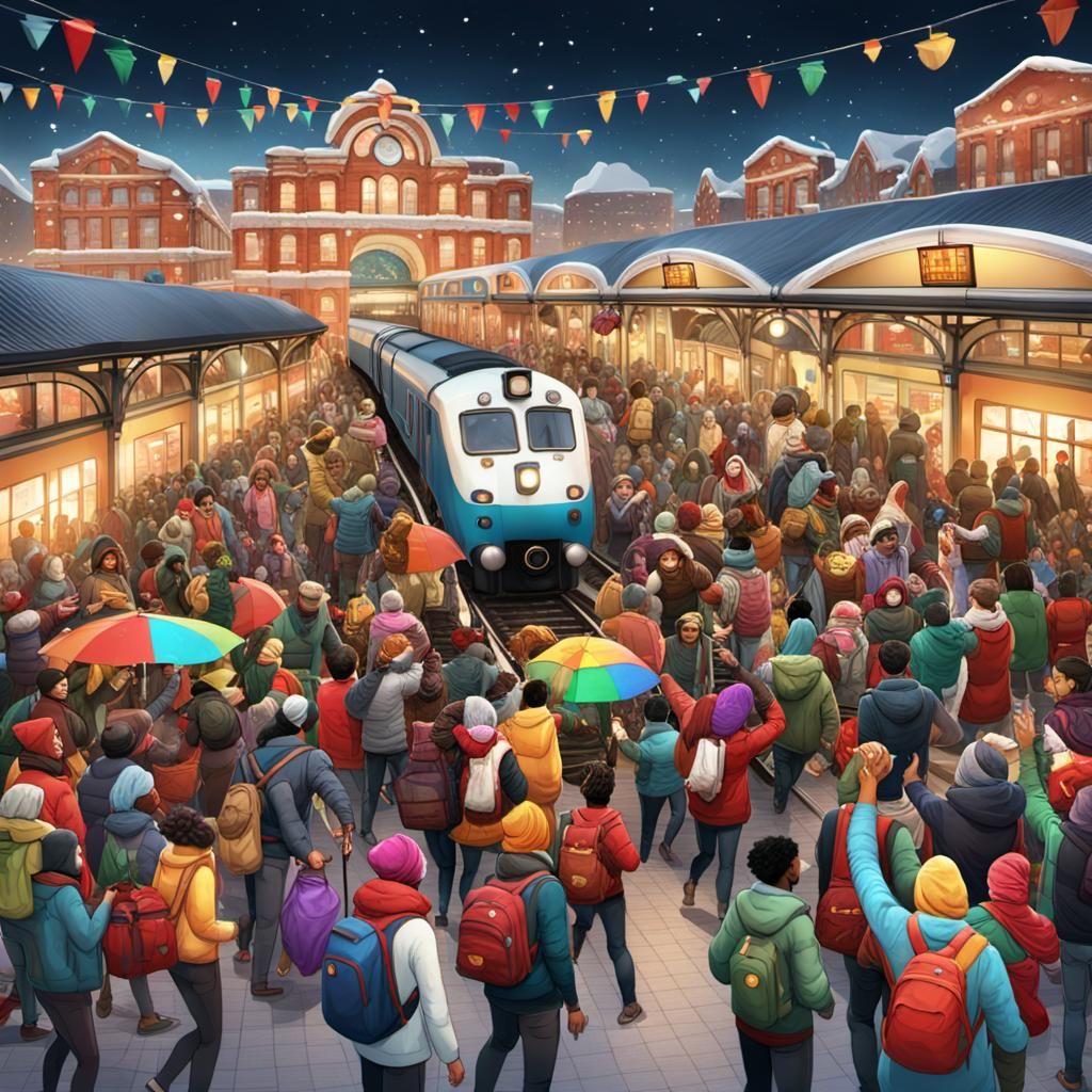 Festive Train Station Scene: Adventure Awaits