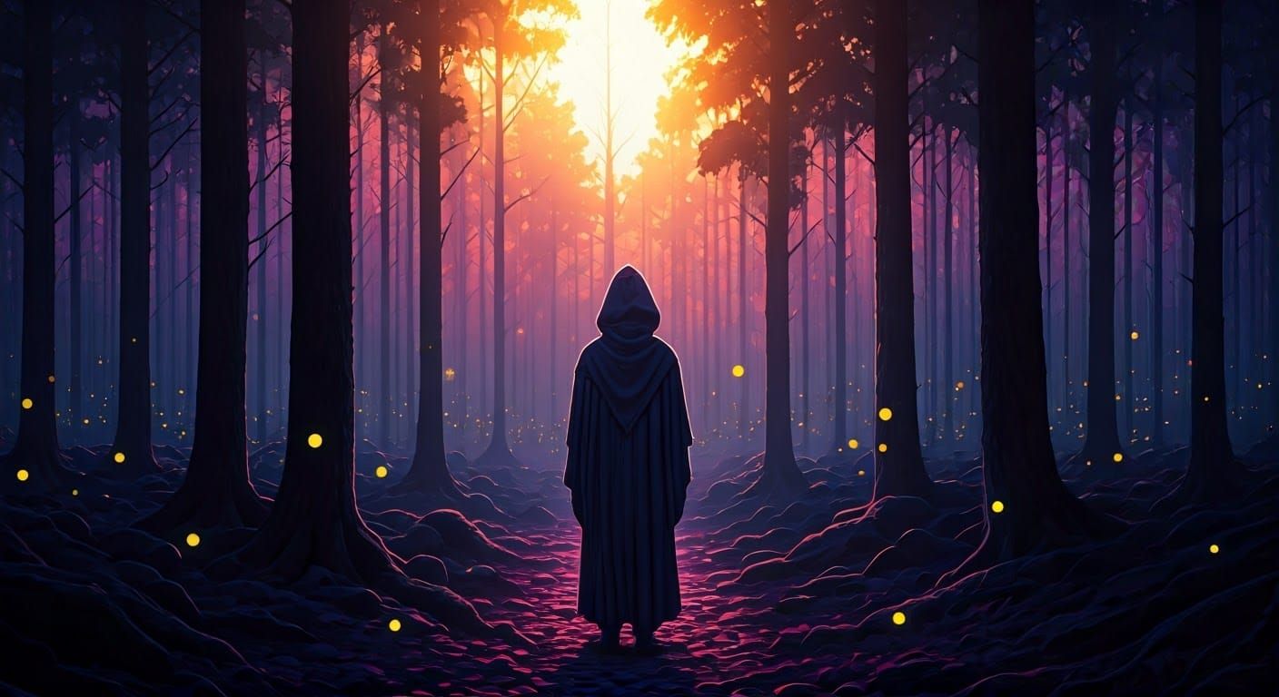 Mystical Hooded Figure in Neon Forest at Golden Hour