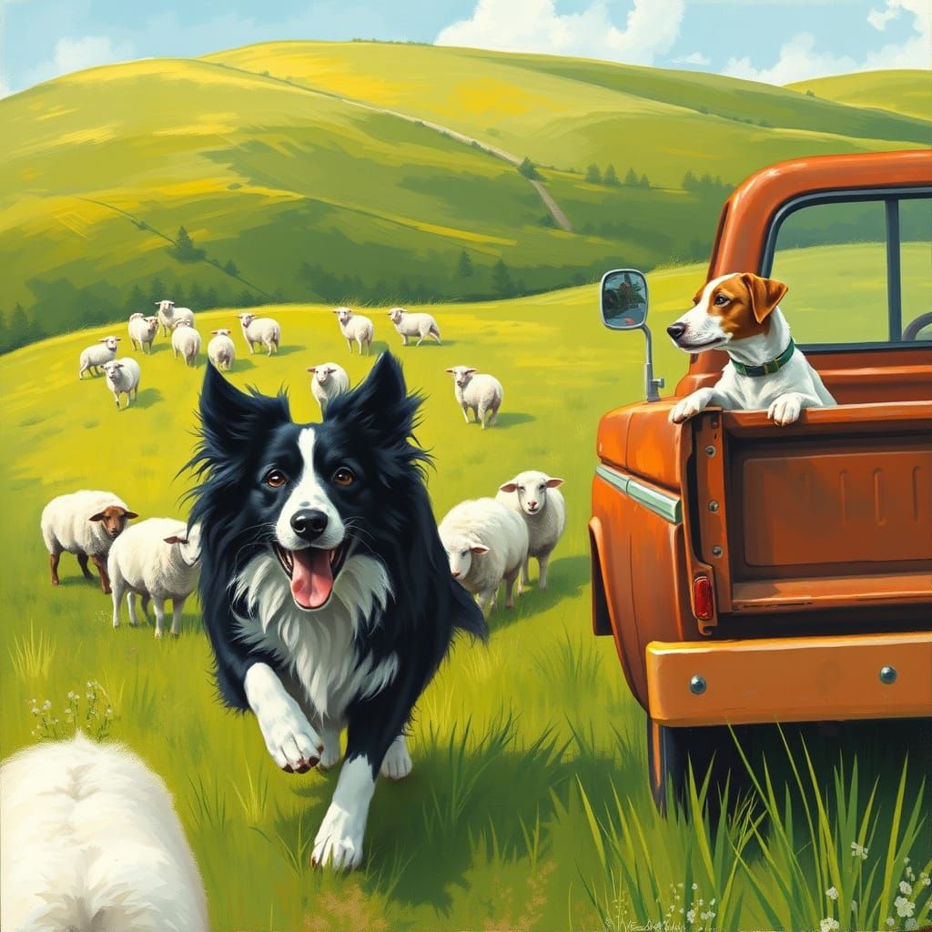 Busy Border Collie Herds Sheep in Whimsical Landscape