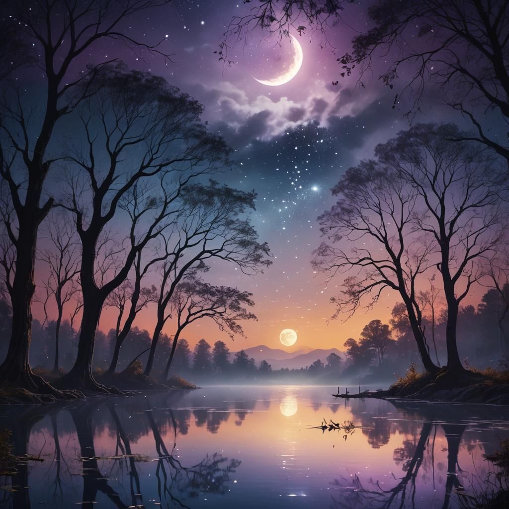 Moonlit Fantasy Lake with Fireflies in Matte Painting Style