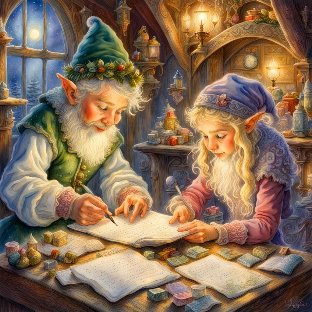 cute elves reading letters in Santa's workshop