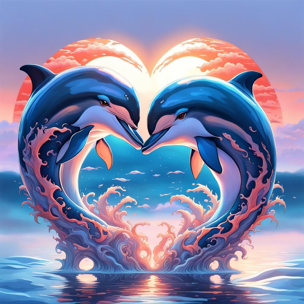 Dolphins Form Heart Shape at Sunset