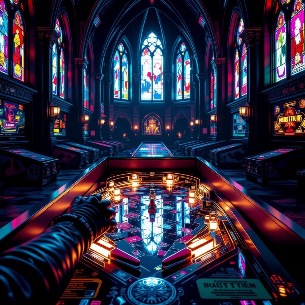 Cyberpunk Cathedral Pinball in Dark Fantasy Style