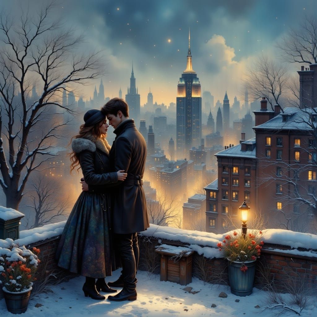 Couple Embracing on Manhattan Rooftop in Winter