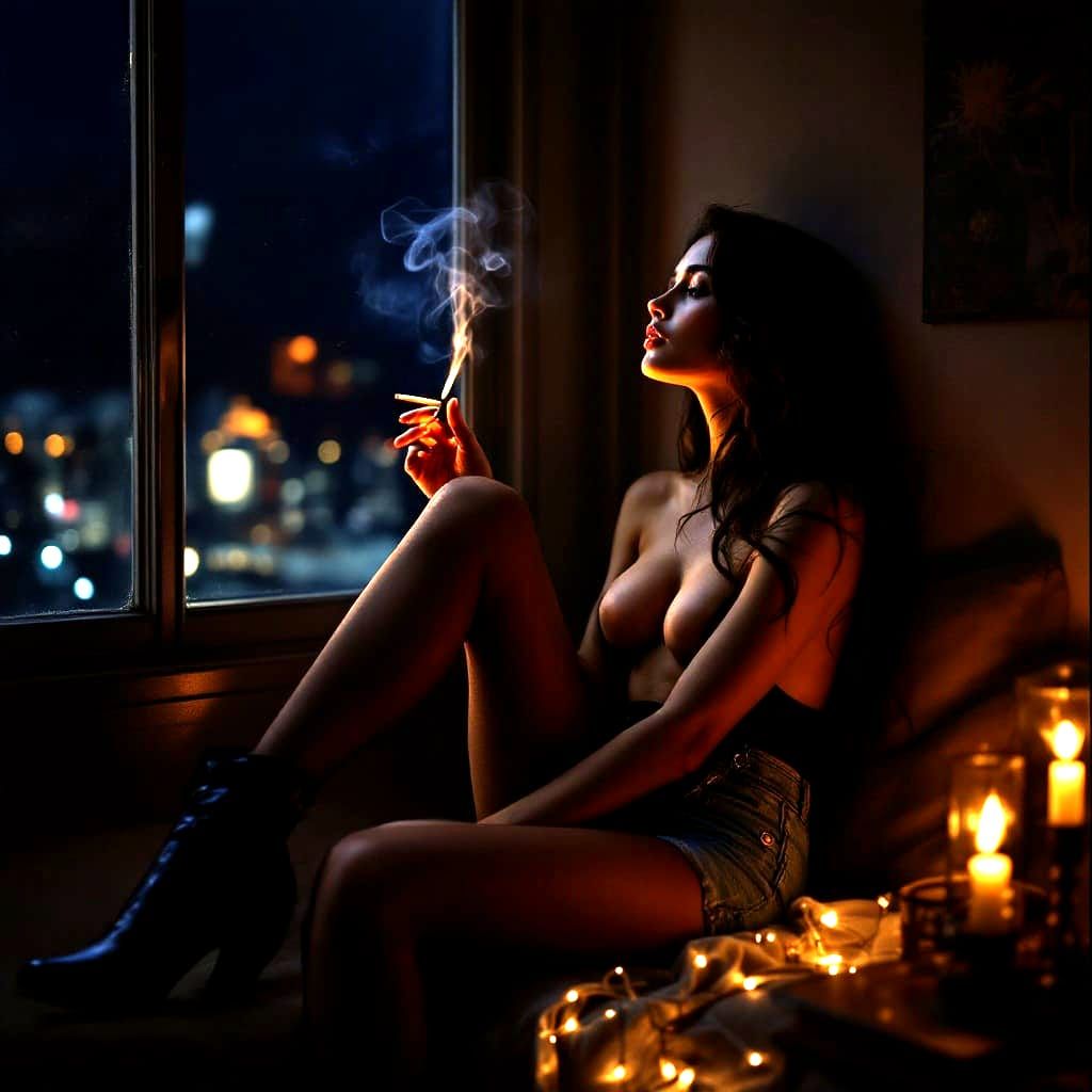 Sultry 1980s Woman Relaxing in Bay Window