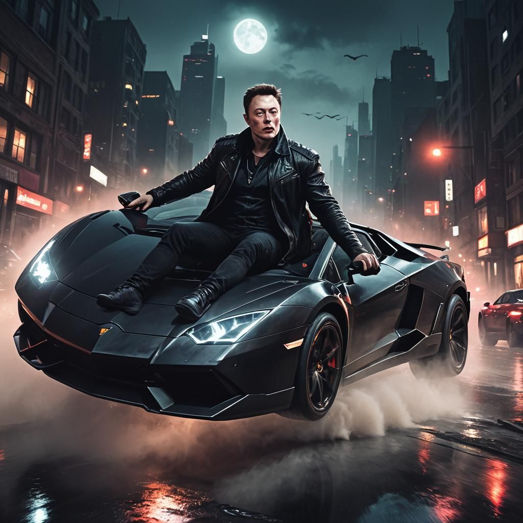 Vampire Elon Musk Drives Lamborghini in Dark City