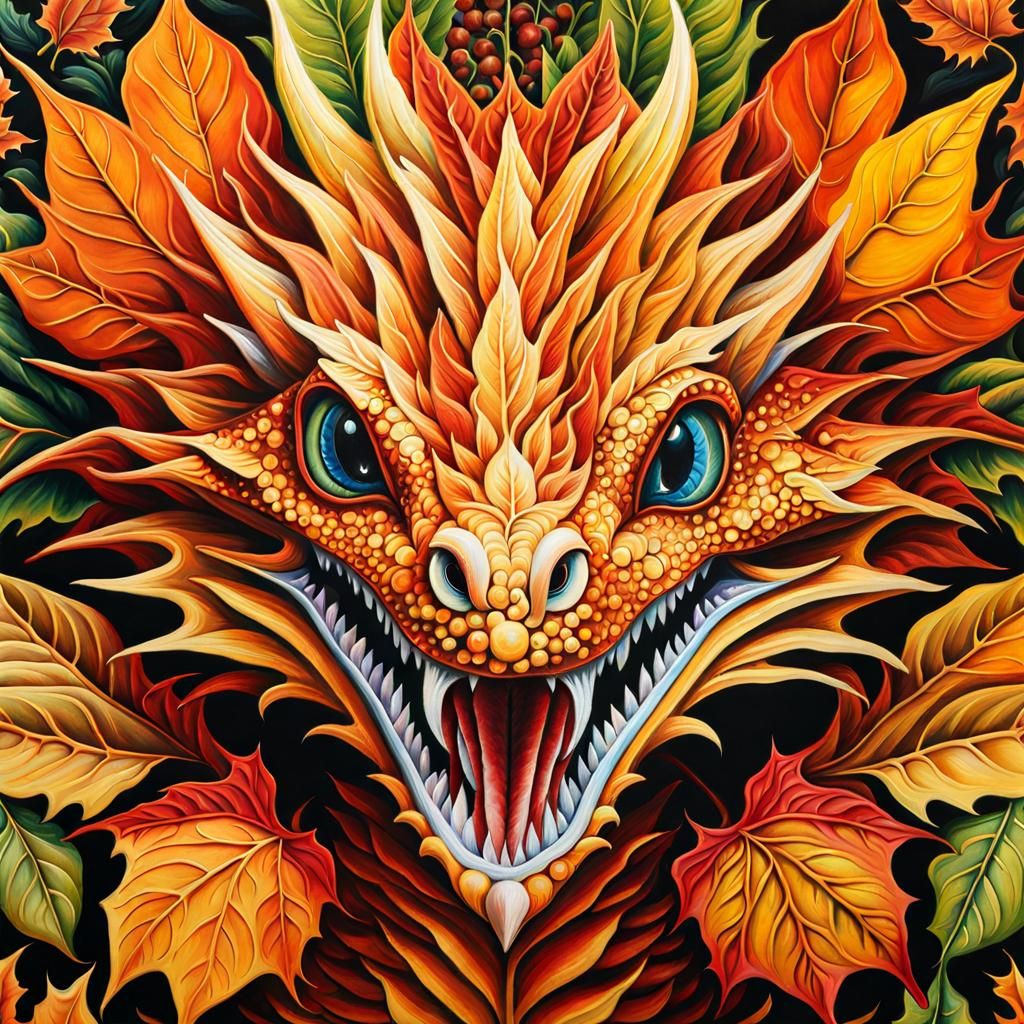Autumn Leaf Dragon in Gouache Impressionist Style