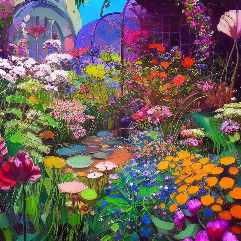 Flower Garden Fishtank: Detailed Oil Painting