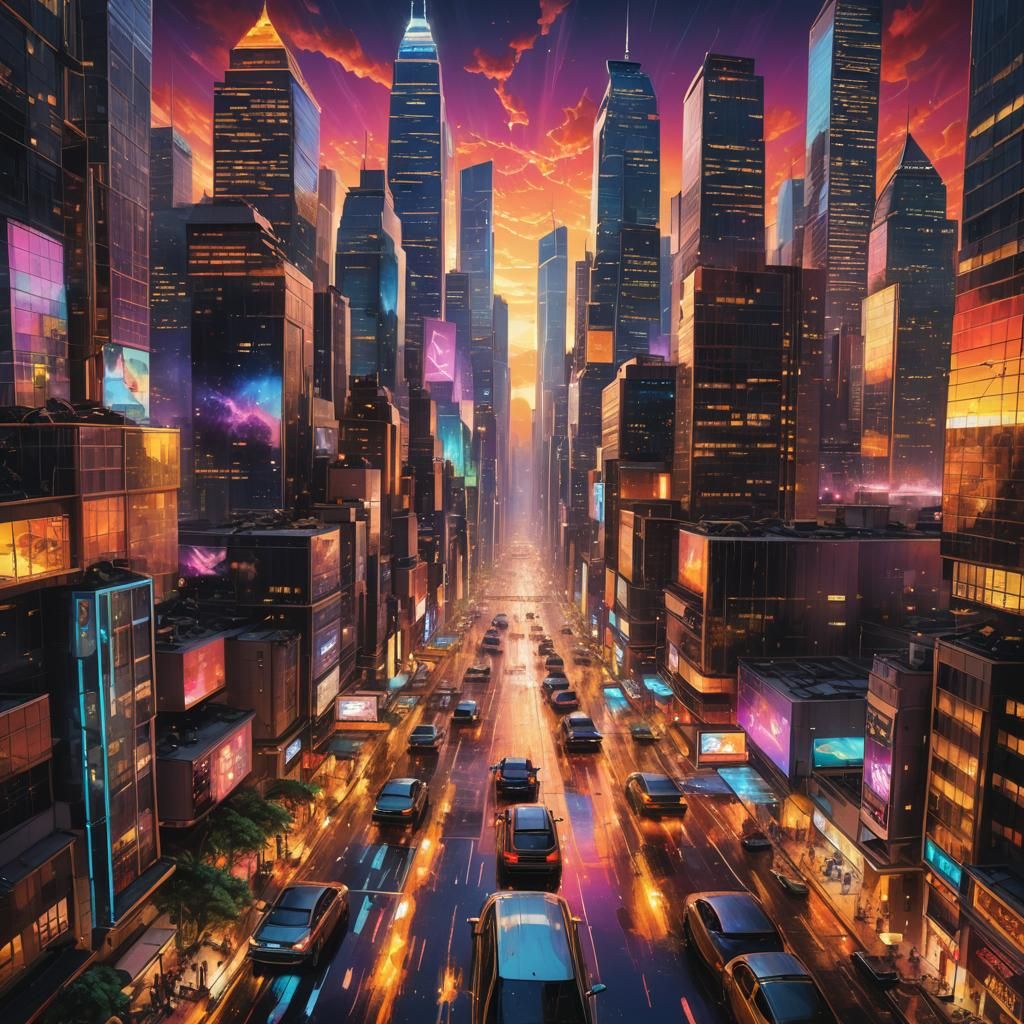 Luminescent Golden City Under a Multicolored Sky