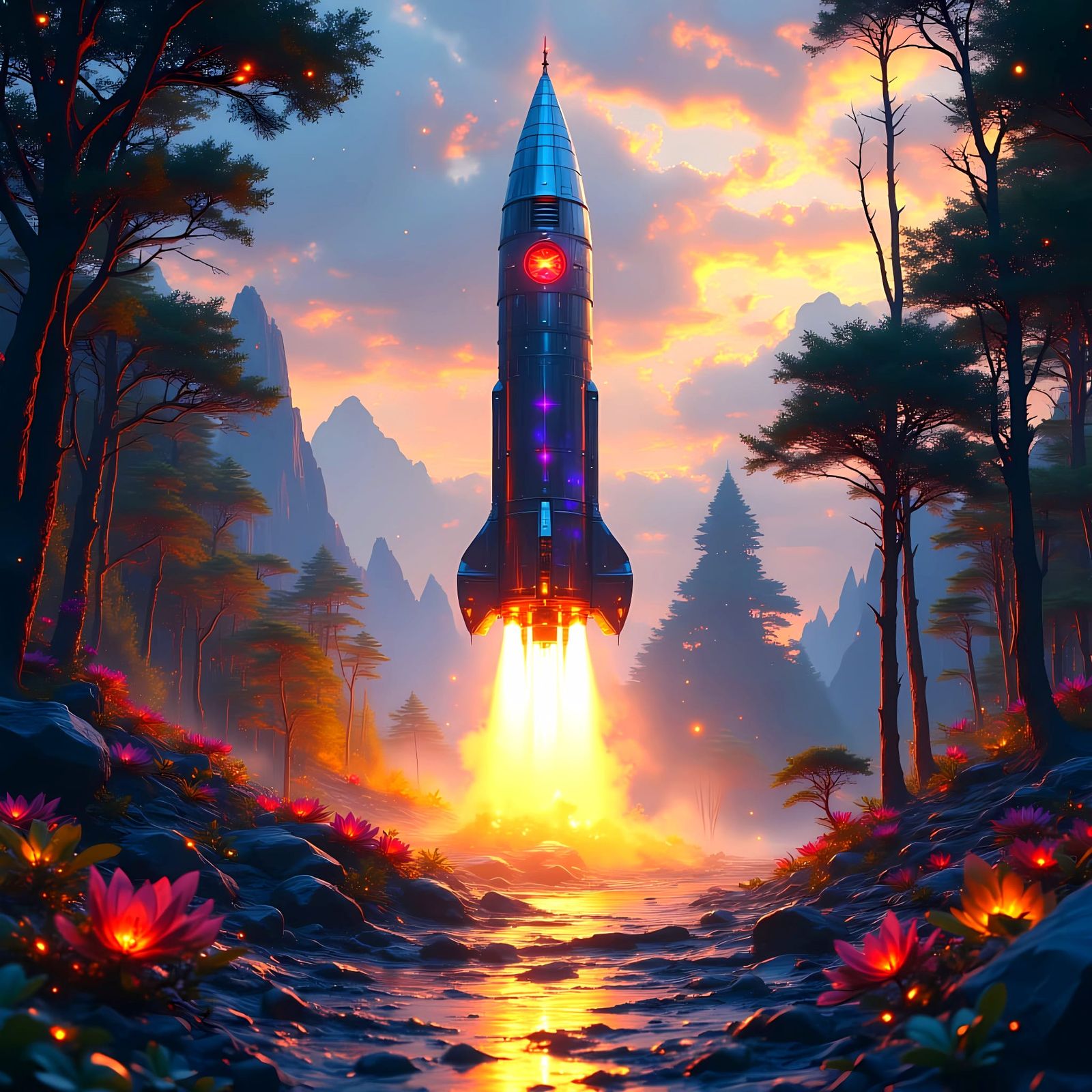 Retro Rocket Launch from Alien Jungle