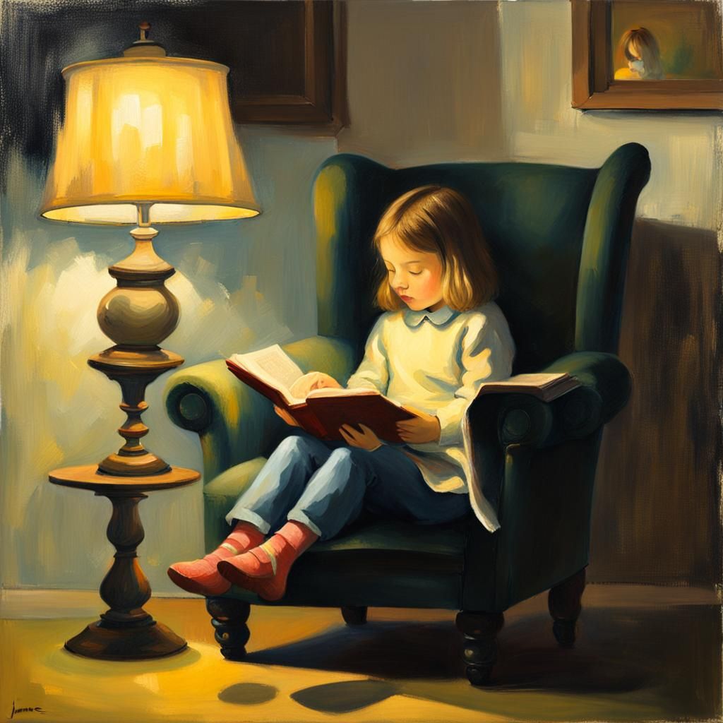 Girl Reading with Kitten, Oil Painting by Gurney Style