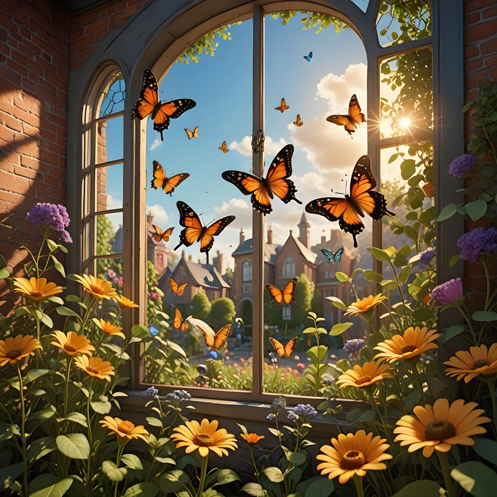 Serene Garden View in Whimsical Pixar Style