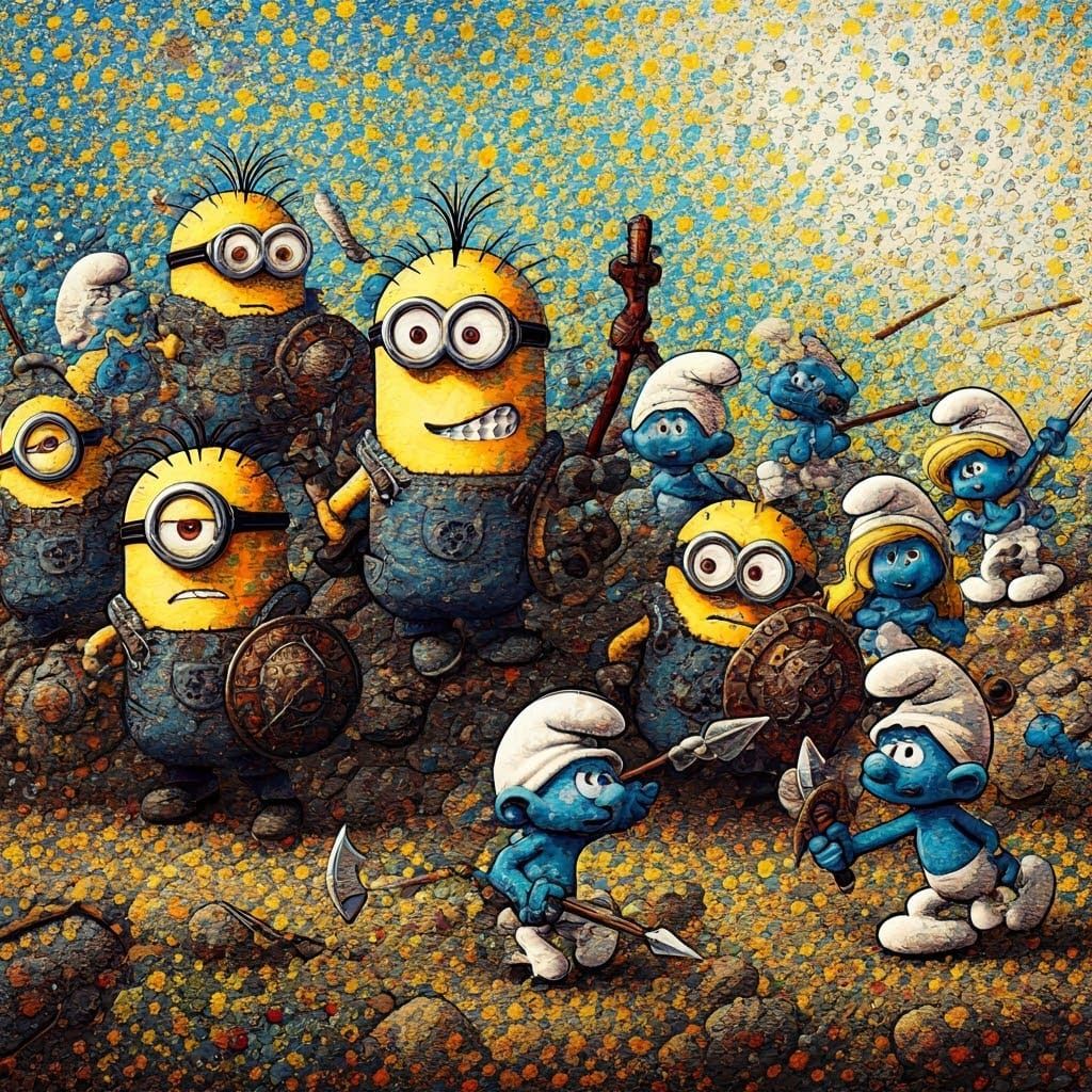 Minions and Smurfs Clash in Pointillist Battle