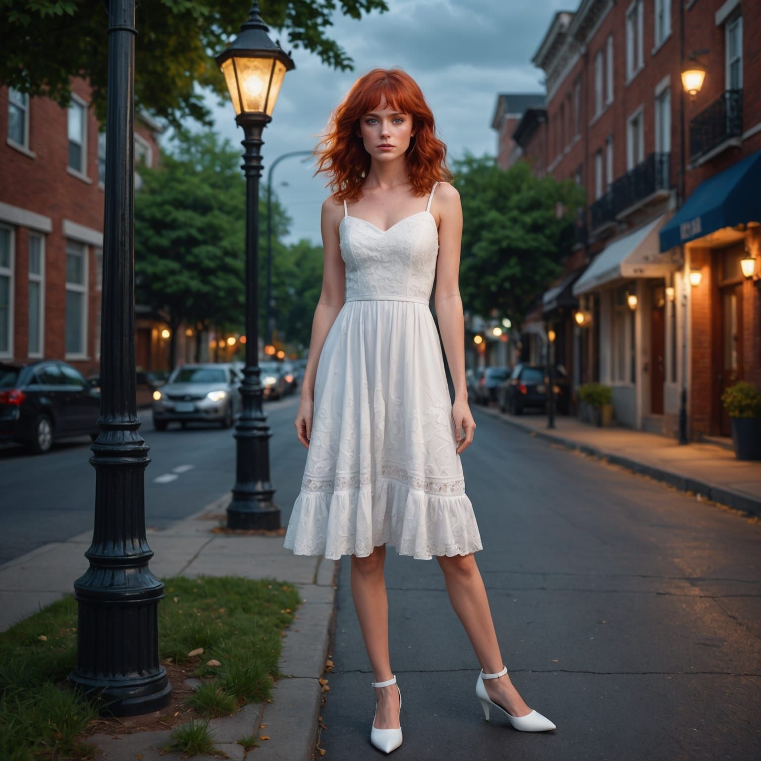Red-Haired Woman in White Dress Under Streetlight