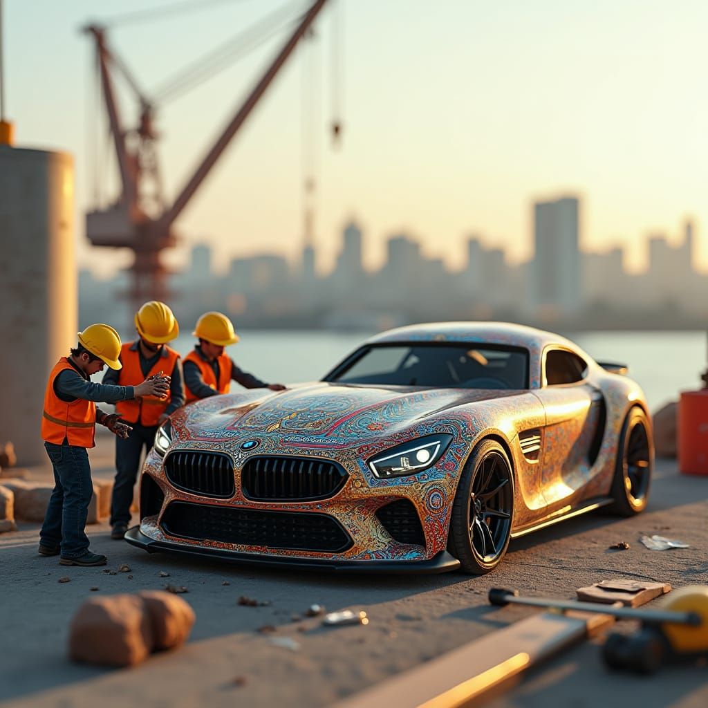 Construction Workers Build Giant BMW in Baku Cityscape