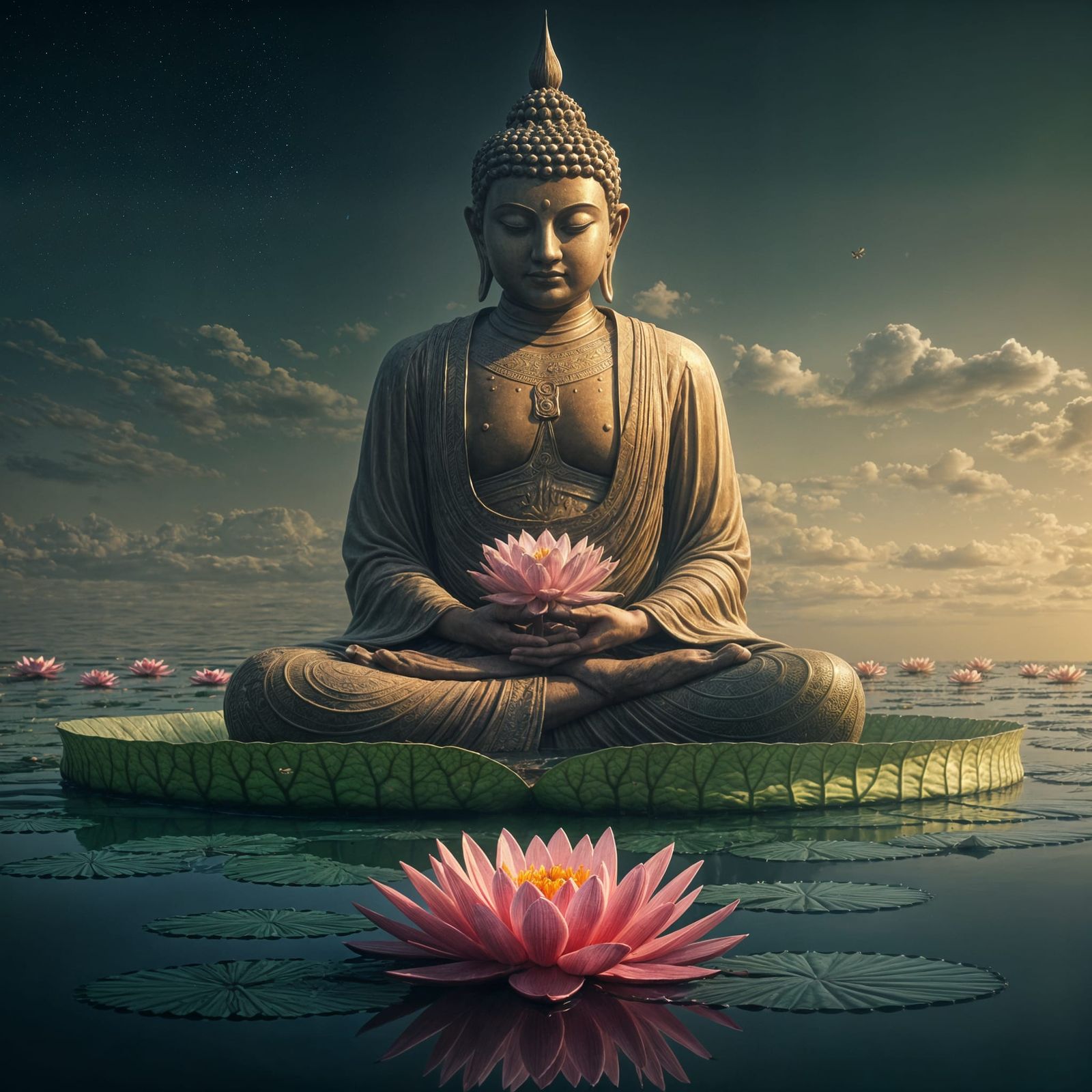 Buddha Meditating on Giant Lotus Flower