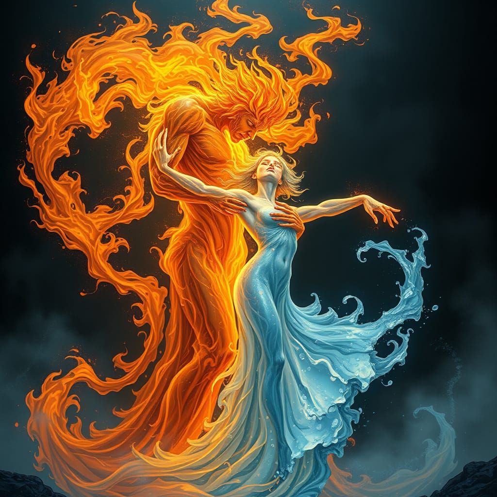 Fiery Elemental Embraces Water Goddess in Dark Fantasy