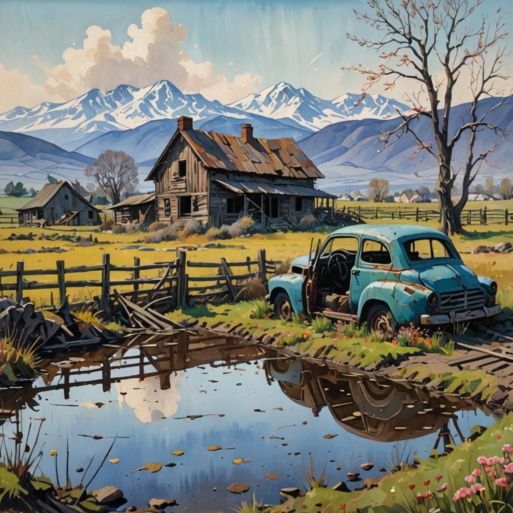 Abandoned Farmhouse Gouache-Style Impressionist Painting