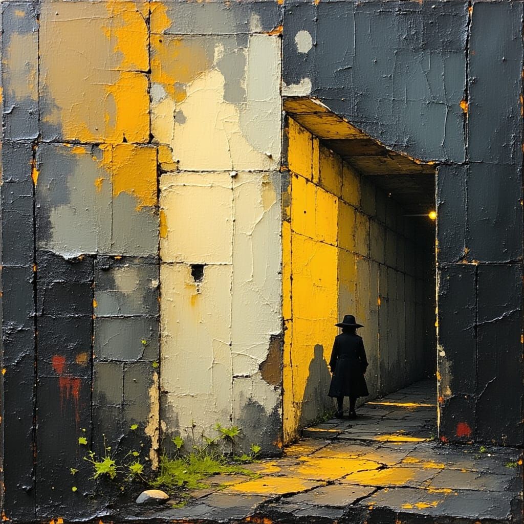 Expressionist Encaustic Painting of Urban Wall in Golden Hou...