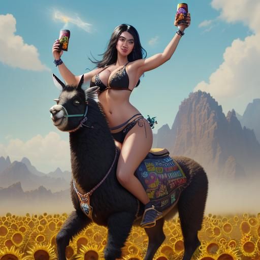 Woman on Llama with Red Bull, Fantasy Art