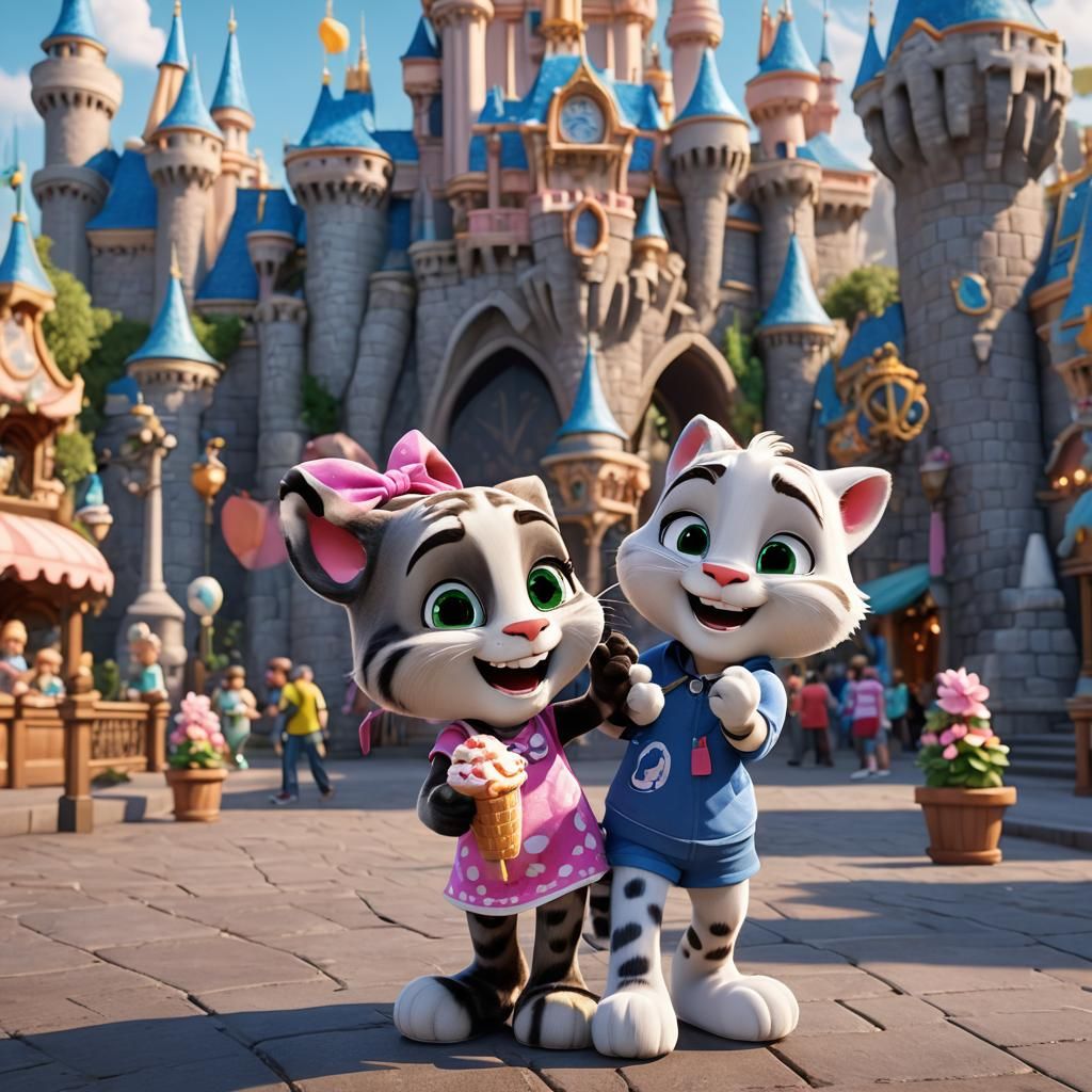 Talking Tom and Angela at Disneyland: 3D Render