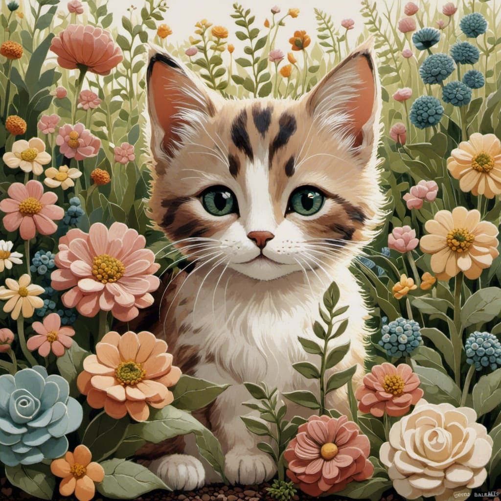 Kitten Smelling Flower in Folk Art Style