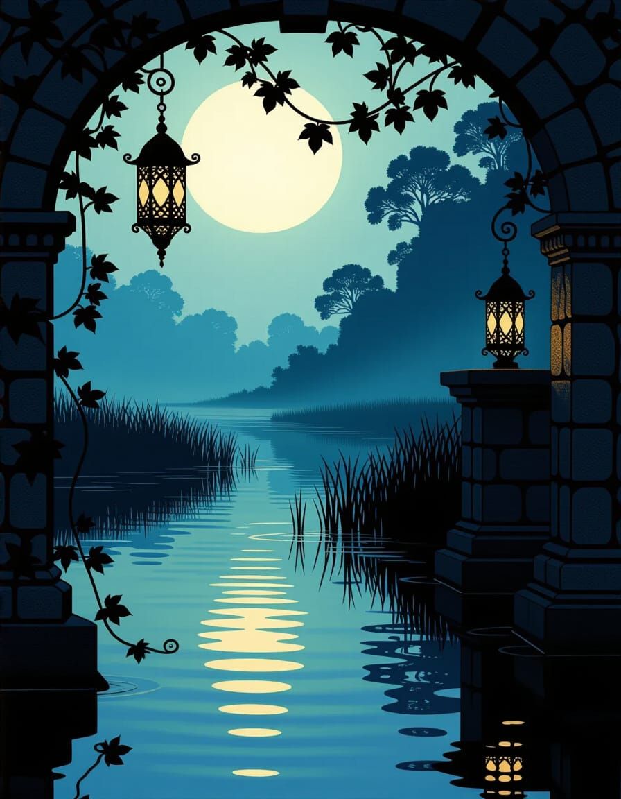 Mystical Marsh Under Starry Sky with Patterned Lantern Light