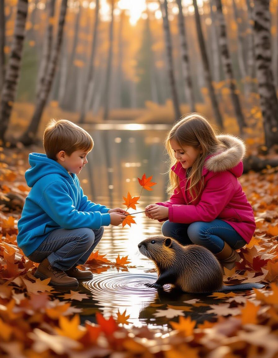 Children Offer Branch to Beaver in Autumn Forest Lake