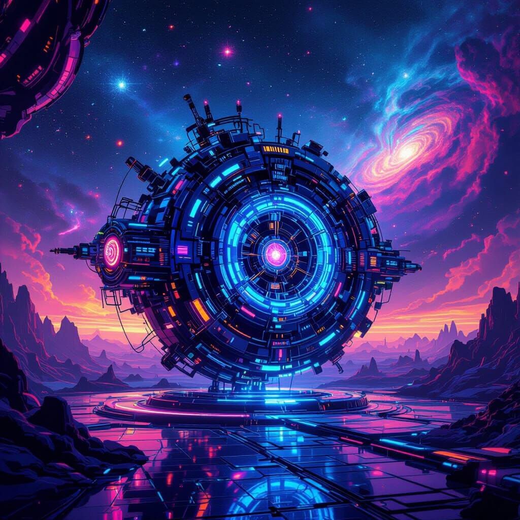 Synthwave glow. A majestic celestial machinery structure in ...