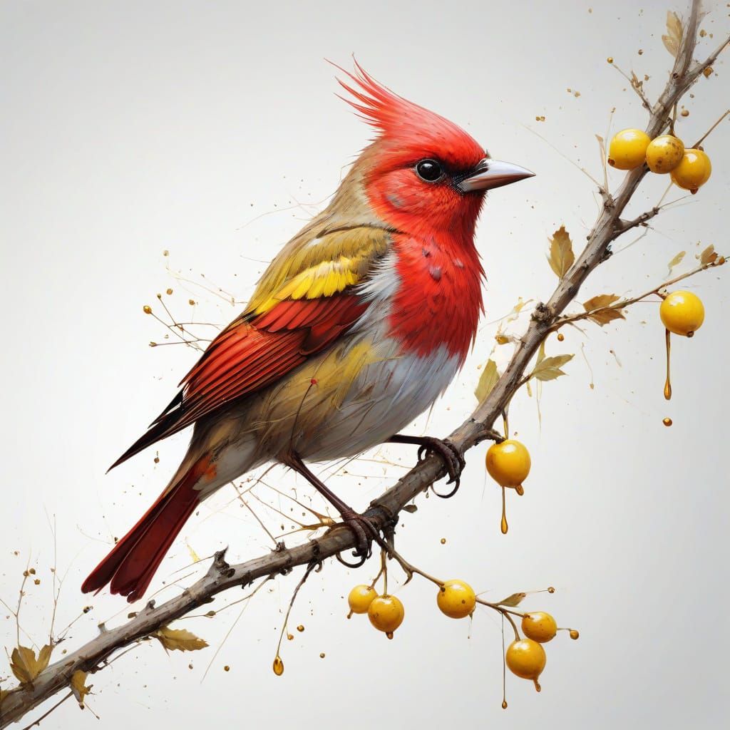 Enchanting Red Bird on Branch with Yellow Berries
