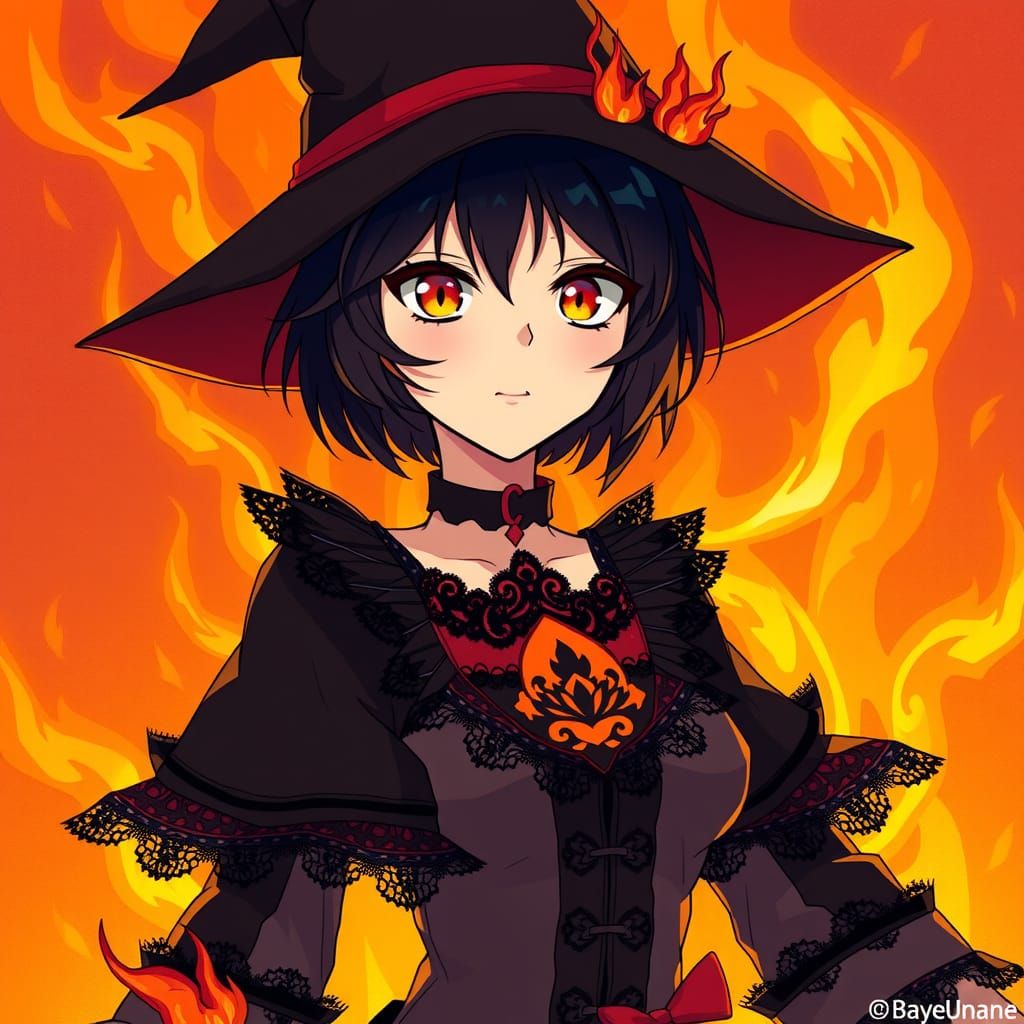 Anime Witch with Fiery Eyes in Blazing Inferno