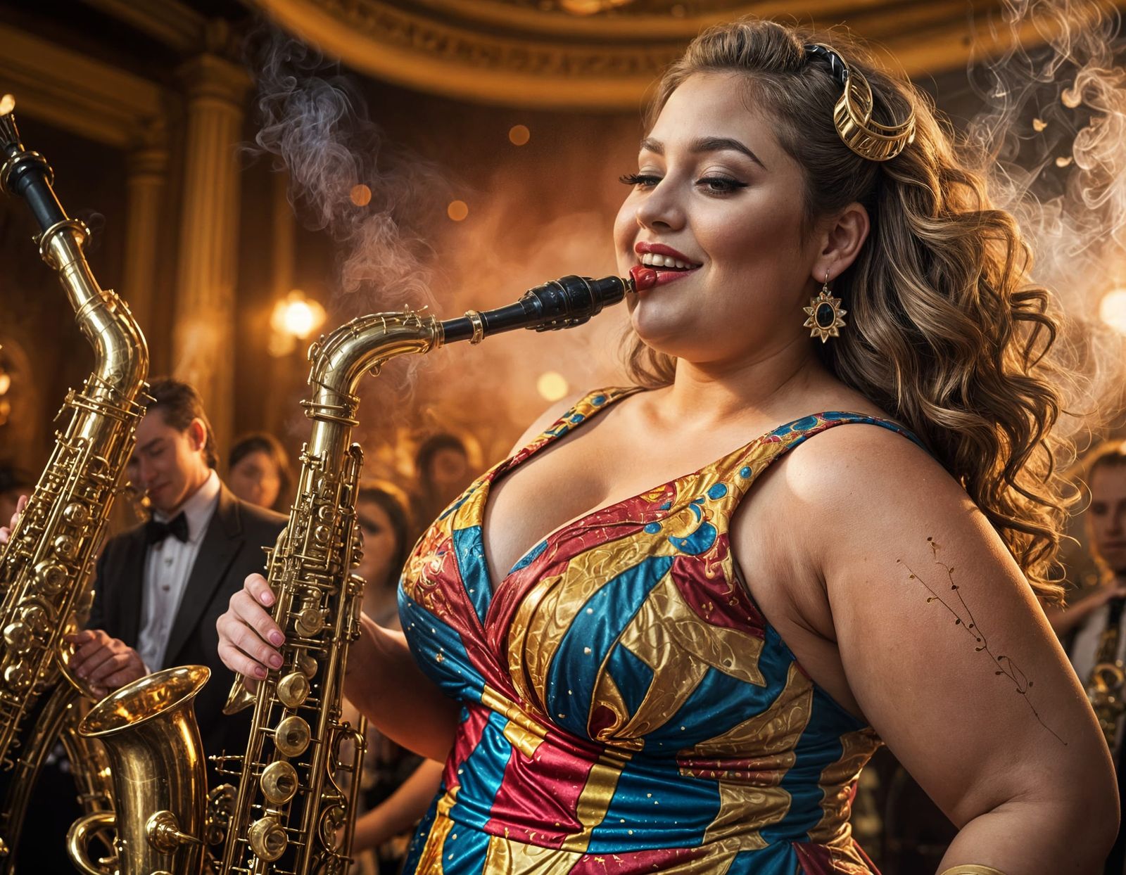Curvy Woman Plays Saxophone in Concert Hall