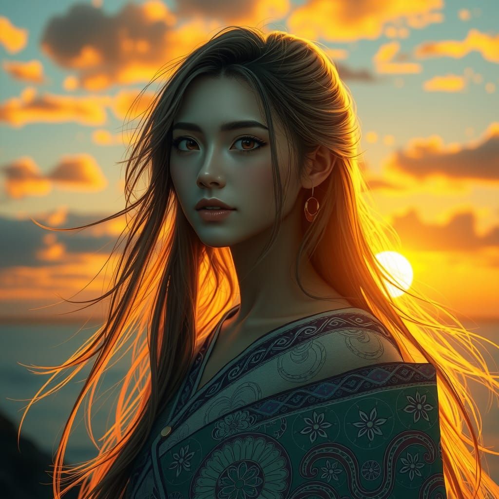 Serene Woman in Sunset Glow: 3D Anime Island Harmony